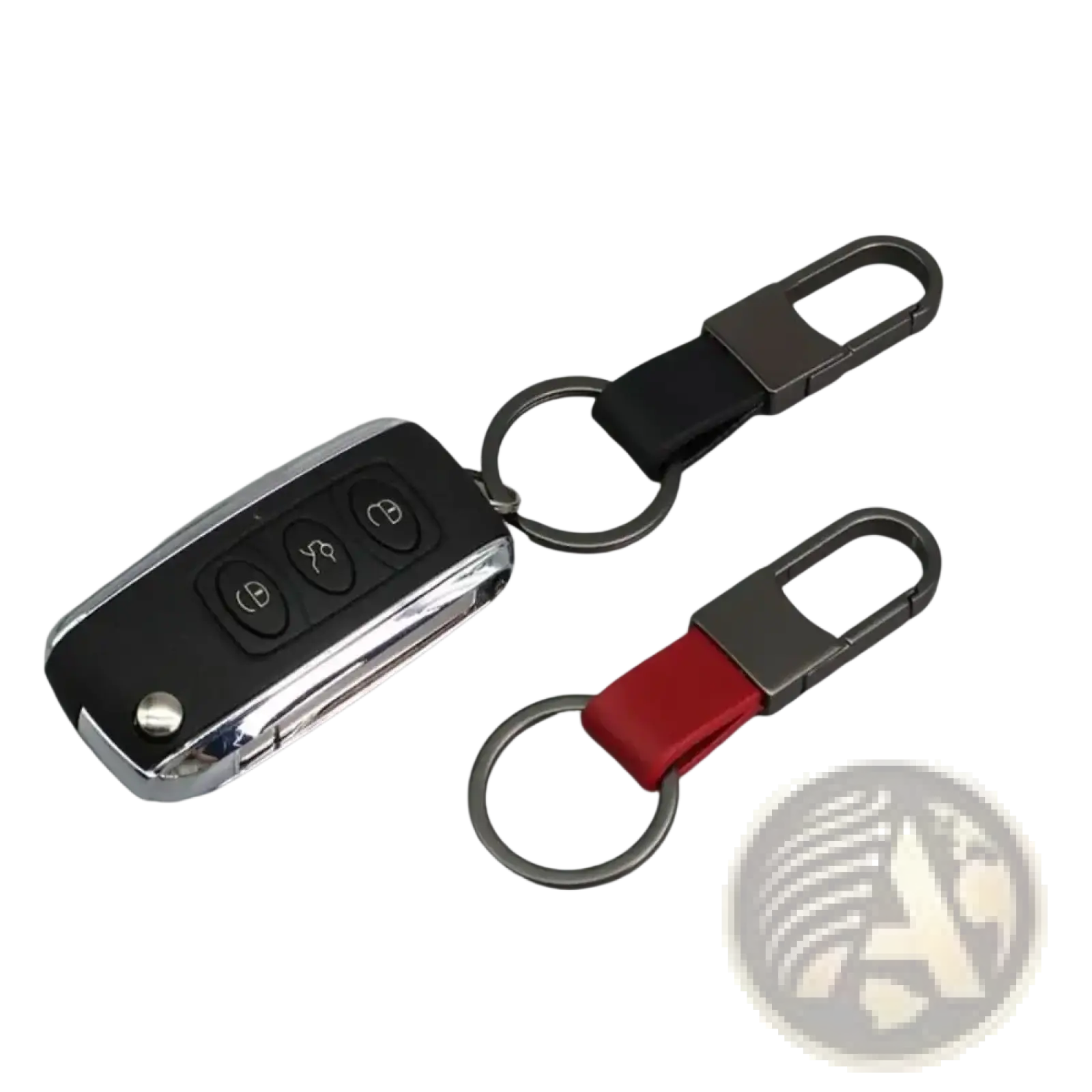 Chrome finished car key fob with black buttons attached to a leather keychain carabiner anti lost waist ring