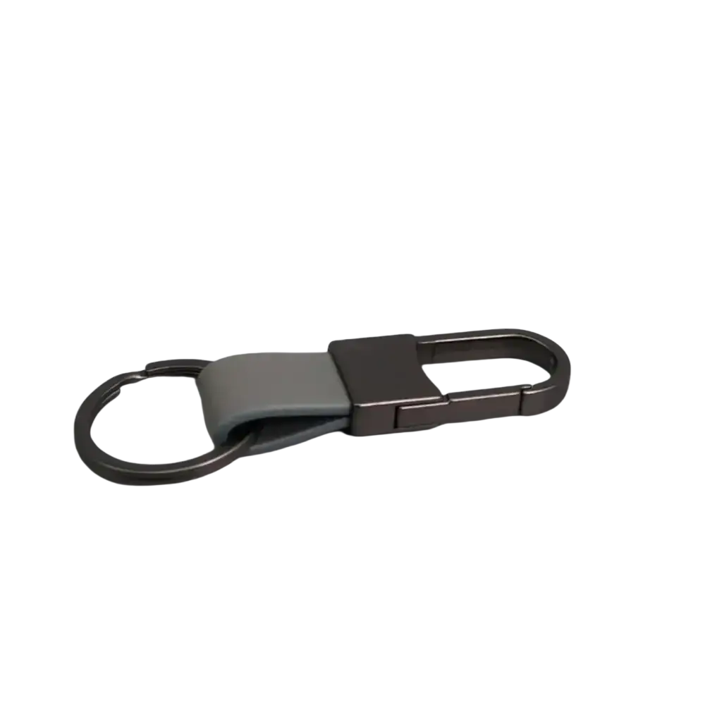 Dark gray metal leather keychain carabiner with rectangular clip and matching strap for anti lost waist ring use