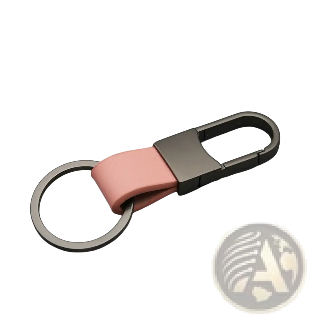 A sleek pink leather keychain with a matte black metal carabiner and ring for anti lost waist use