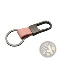 A sleek pink leather keychain with a matte black metal carabiner and ring for anti lost waist use