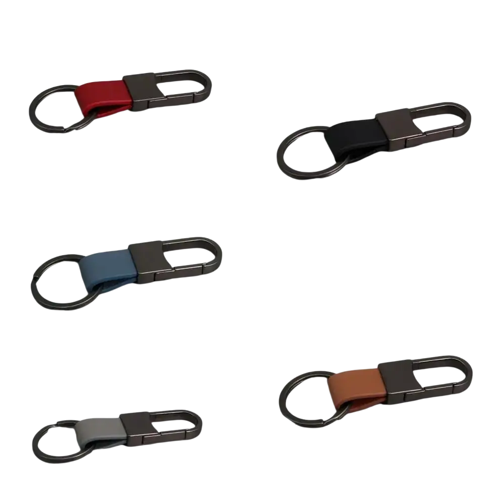 Leather keychain carabiner anti lost waist ring with red black blue tan and gray leather straps and dark metallic clip