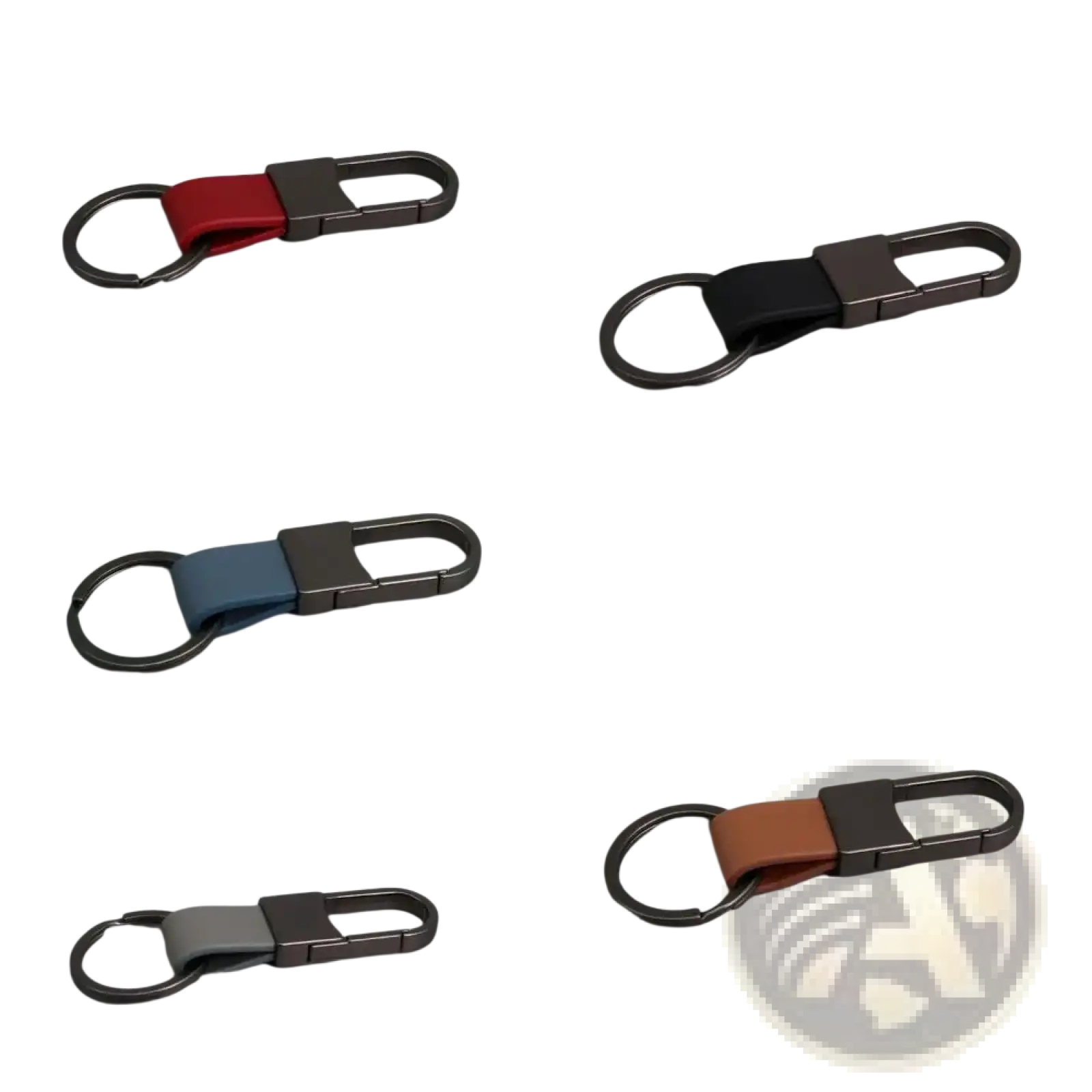 Leather keychain carabiner anti lost waist ring with red black blue tan and gray leather straps and dark metallic clip