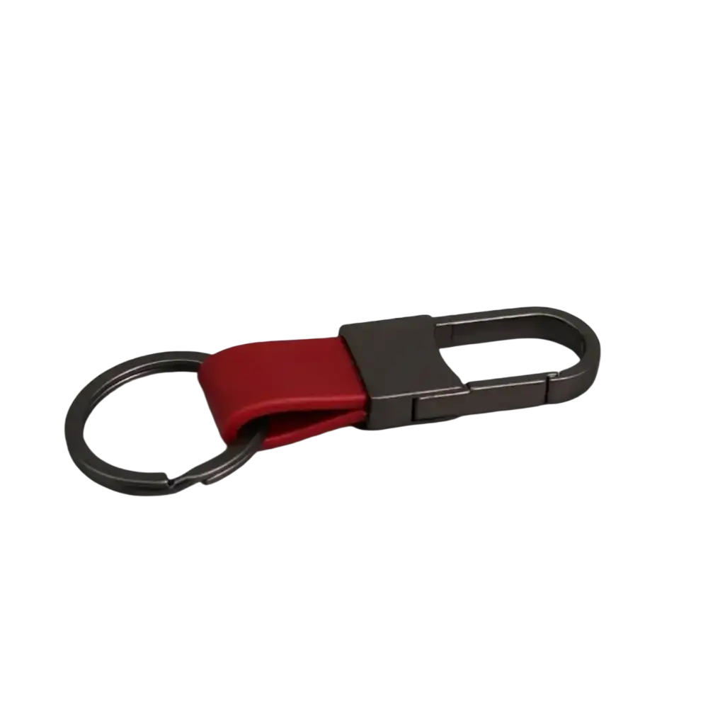 Red leather strap keychain with dark gray metal carabiner and split ring for anti lost waist use