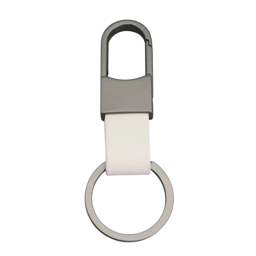 Leather keychain carabiner with silver-toned metal, white leather strap, and sturdy anti lost waist ring clip