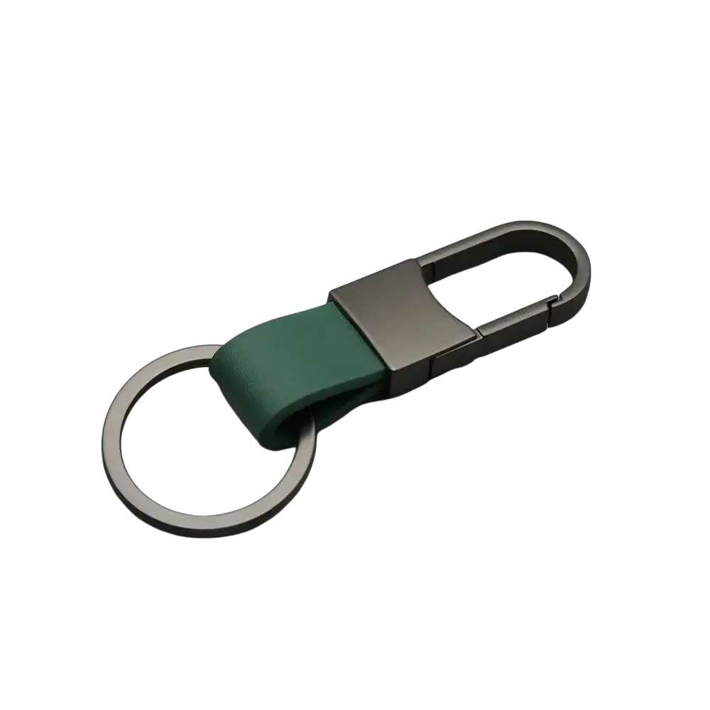 A sleek green leather keychain carabiner with a matte black metal ring for anti lost waist use