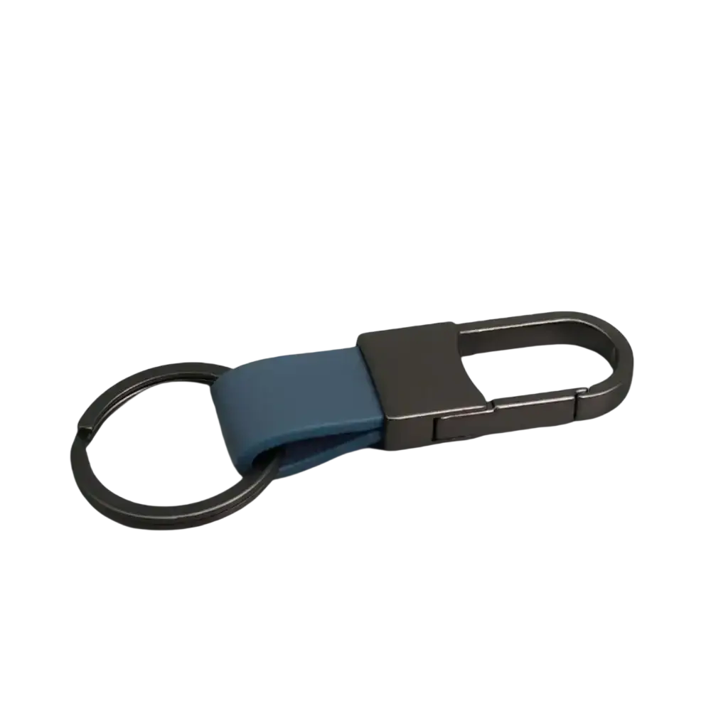 A leather keychain carabiner with a matte gray metal clip and light blue leather strap for anti lost waist ring use