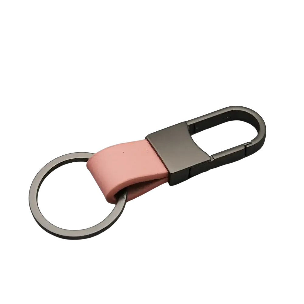 A sleek pink leather keychain with a matte black metal carabiner and ring for anti lost waist use