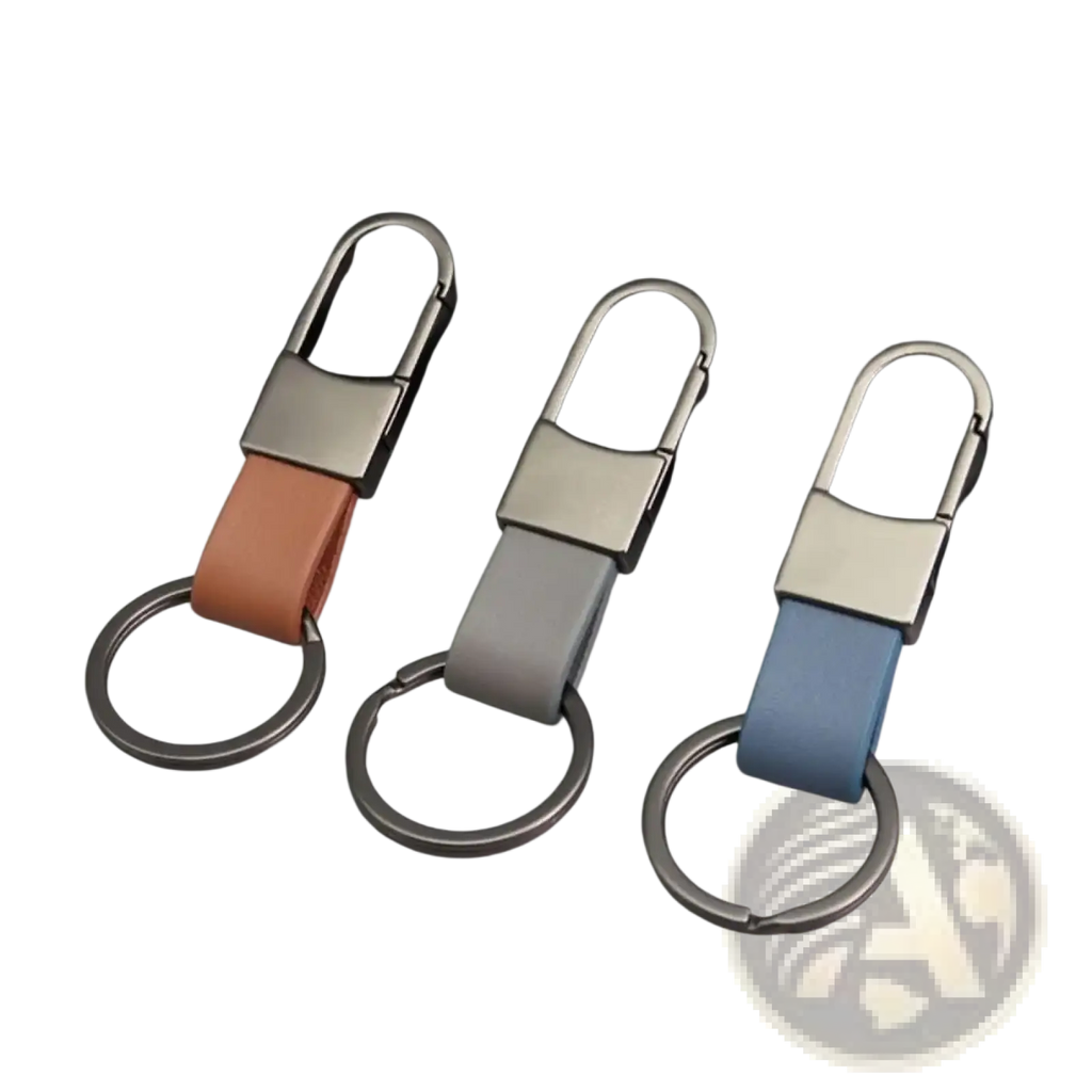 Leather keychain carabiner anti lost waist ring with tan gray and blue leather straps and metallic clasps and rings