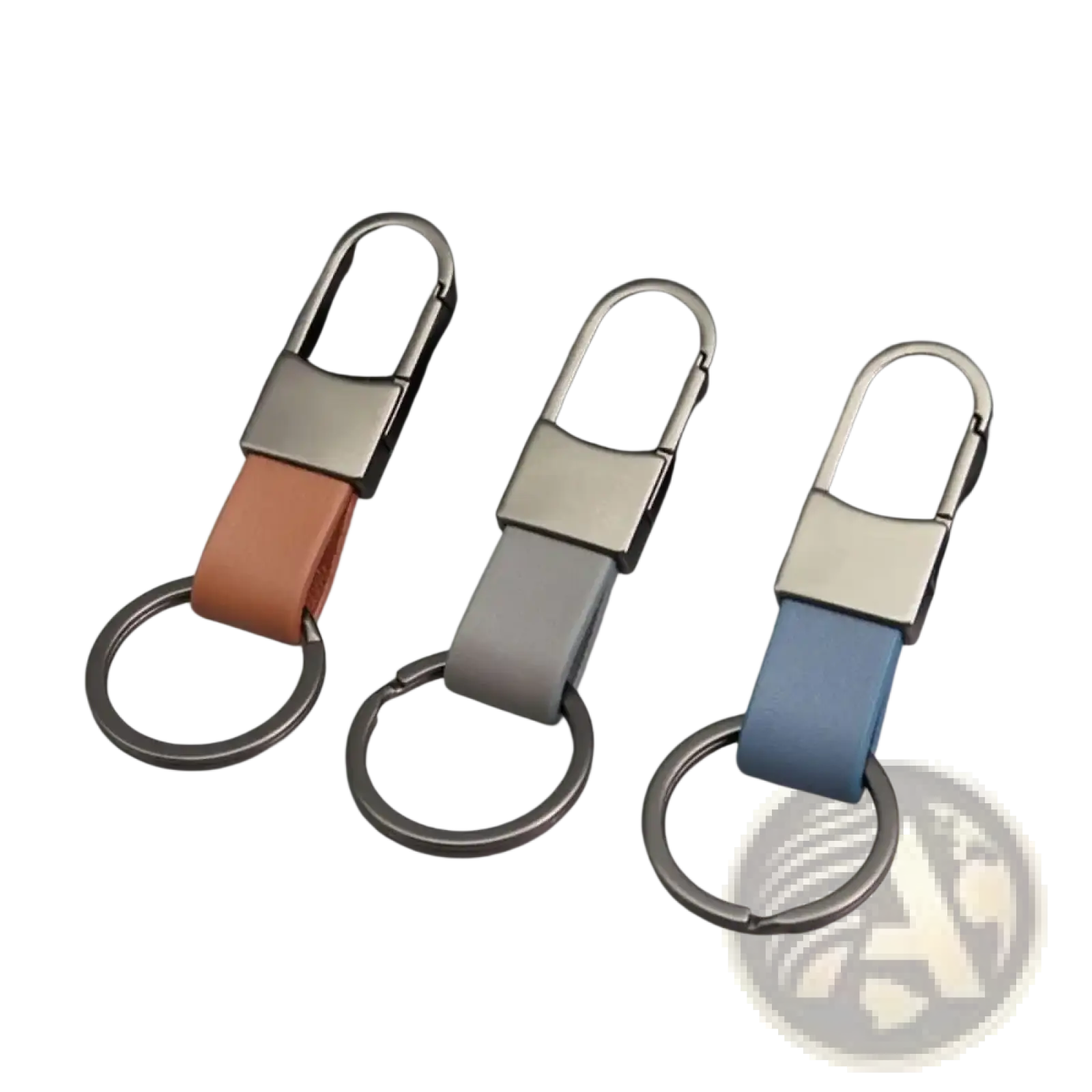 Leather keychain carabiner anti lost waist ring with tan gray and blue leather straps and metallic clasps and rings
