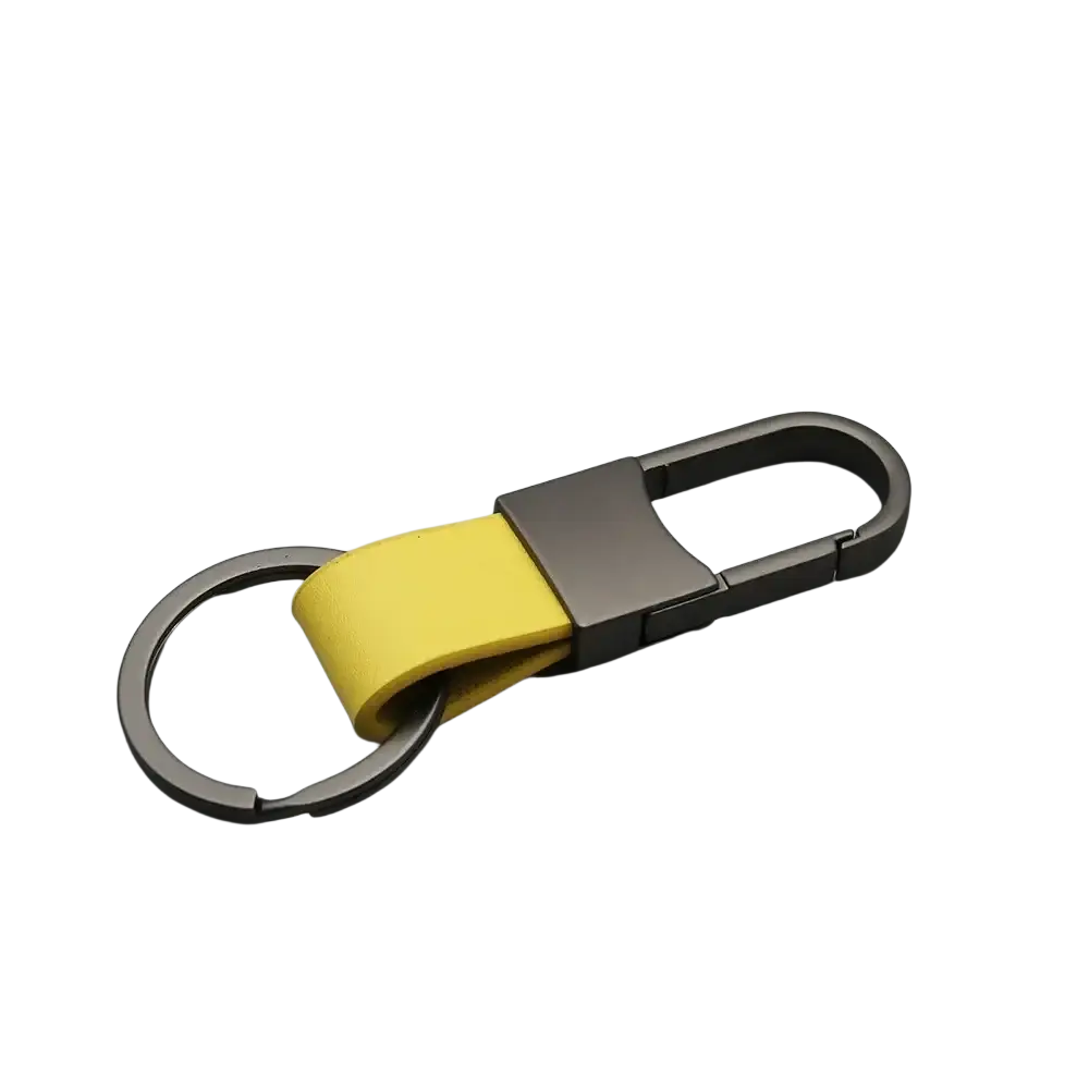 Yellow leather keychain carabiner with matte black metal ring designed as an anti lost waist accessory