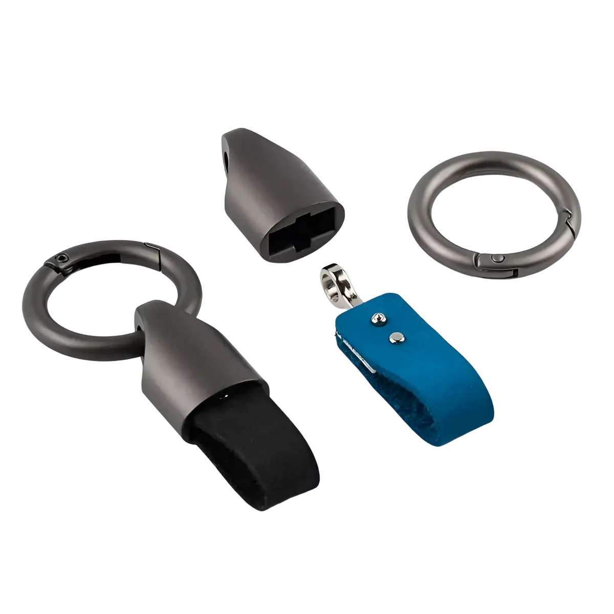 Black and blue leather keychain carabiner ring with metal hardware for bag charm and versatile use