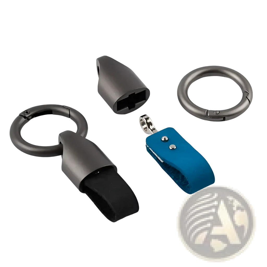 Black and blue leather keychain carabiner ring with metal hardware for bag charm and versatile use