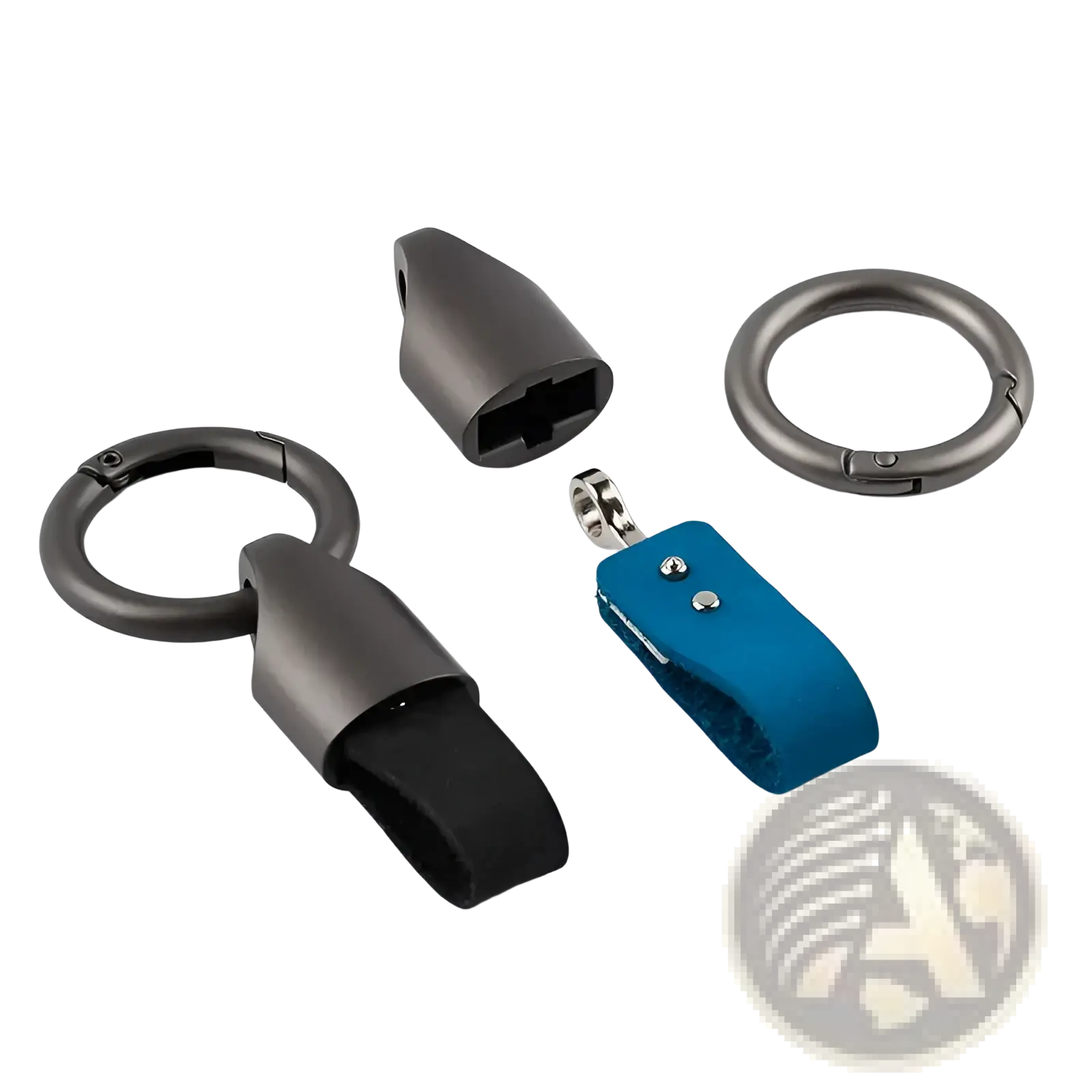 Black and blue leather keychain carabiner ring with metal hardware for bag charm and versatile use