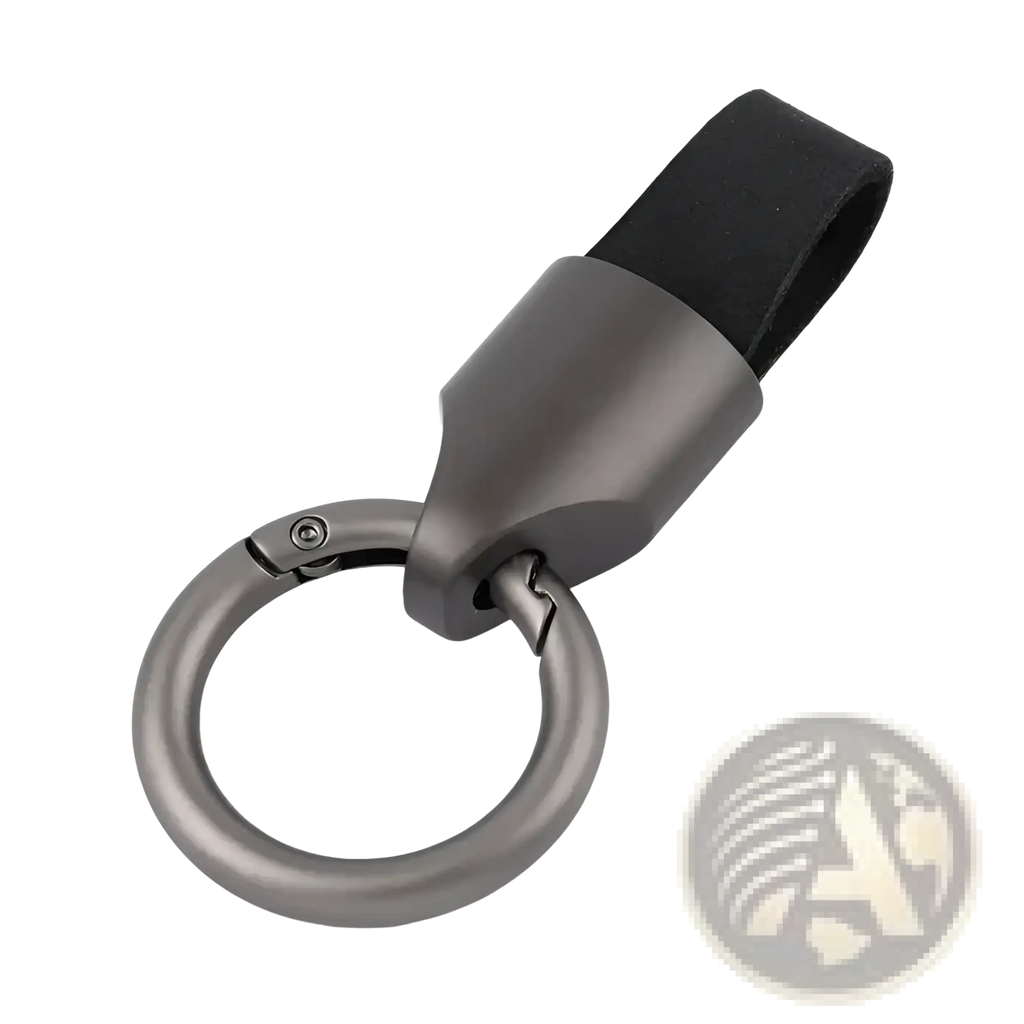 Dark gray metallic leather keychain with black strap and circular carabiner ring bag charm for secure attachment