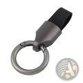 Dark gray metallic leather keychain with black strap and circular carabiner ring bag charm for secure attachment