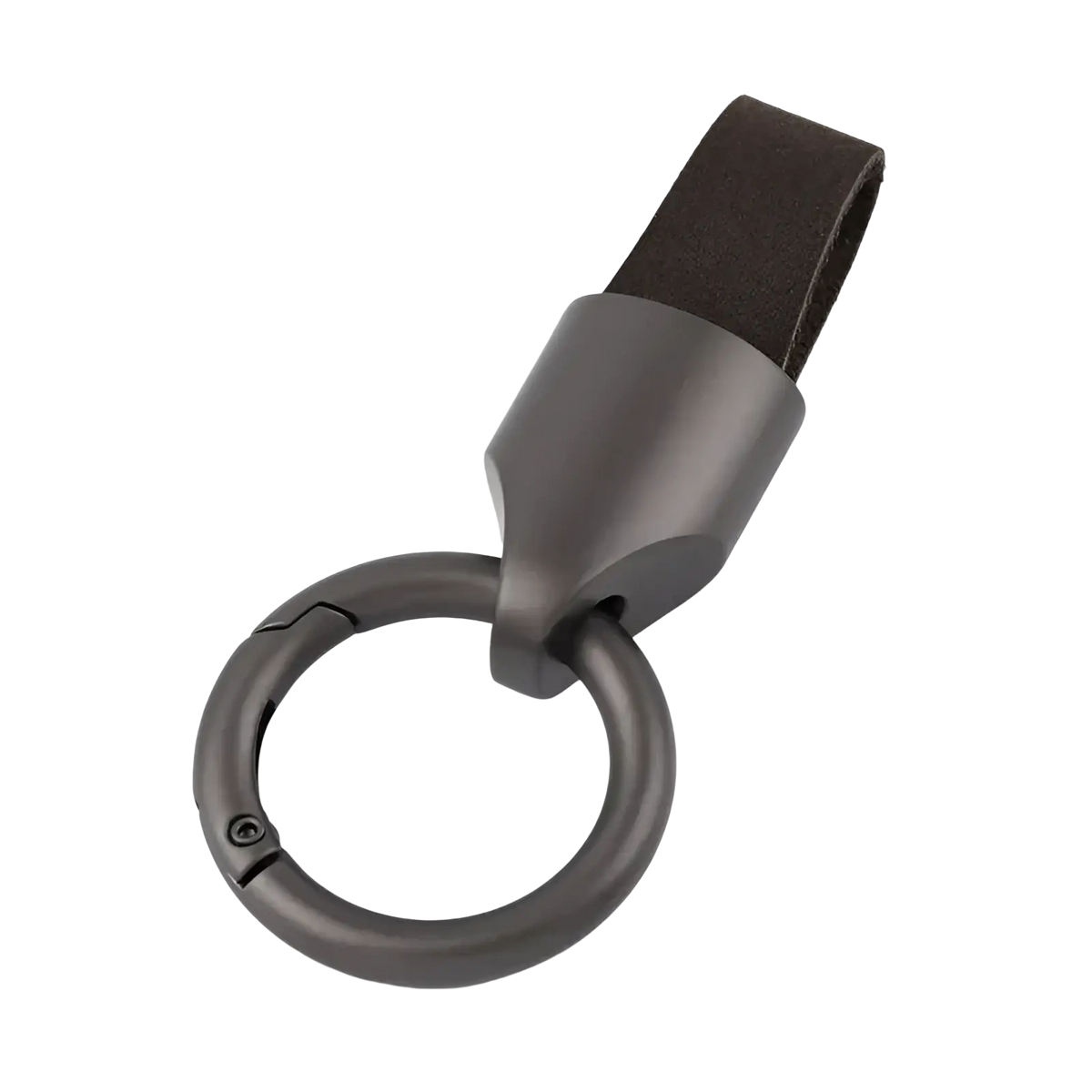 Dark gray metal leather keychain with matte finish and sturdy carabiner ring featuring a brown leather strap