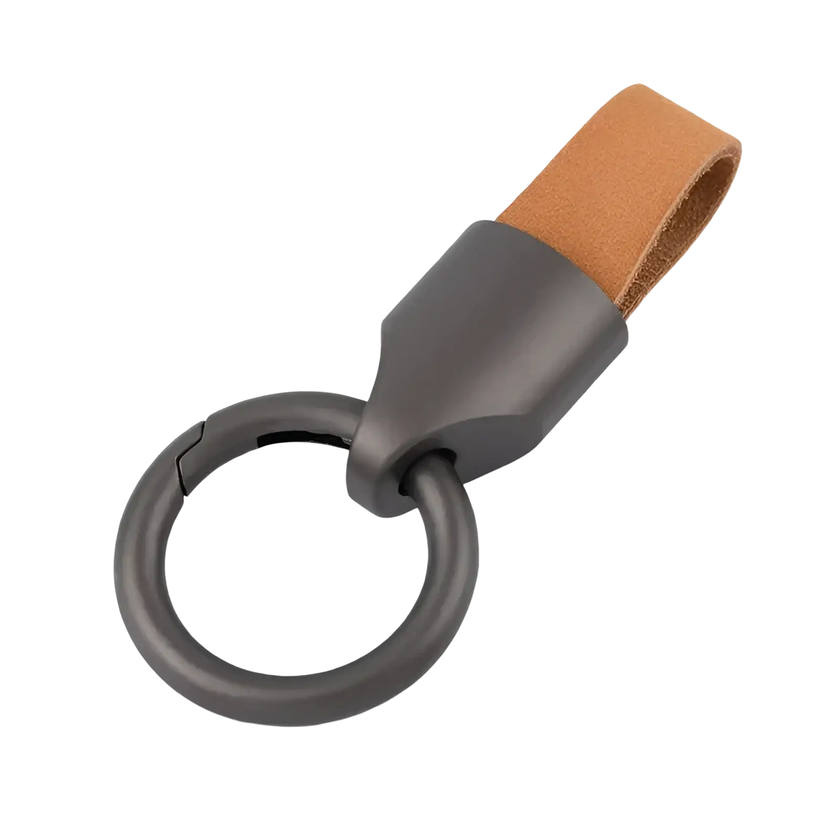 Dark gray metal key ring with tan leather strap leather keychain carabiner ring bag charm for organizing keys