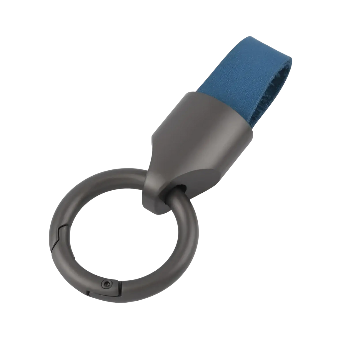 Dark gray metal leather keychain carabiner ring with blue leather strap attached for bag charm use
