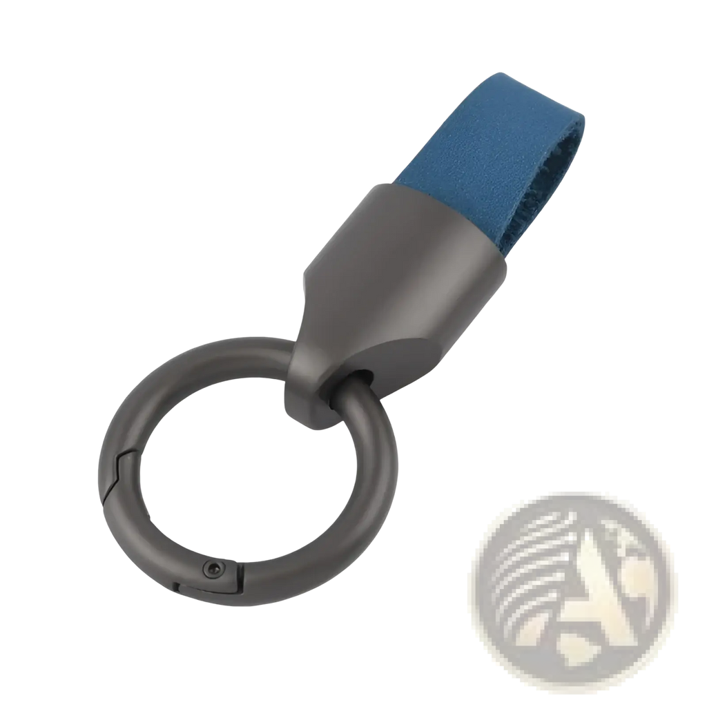 Dark gray metal leather keychain carabiner ring with blue leather strap attached for bag charm use