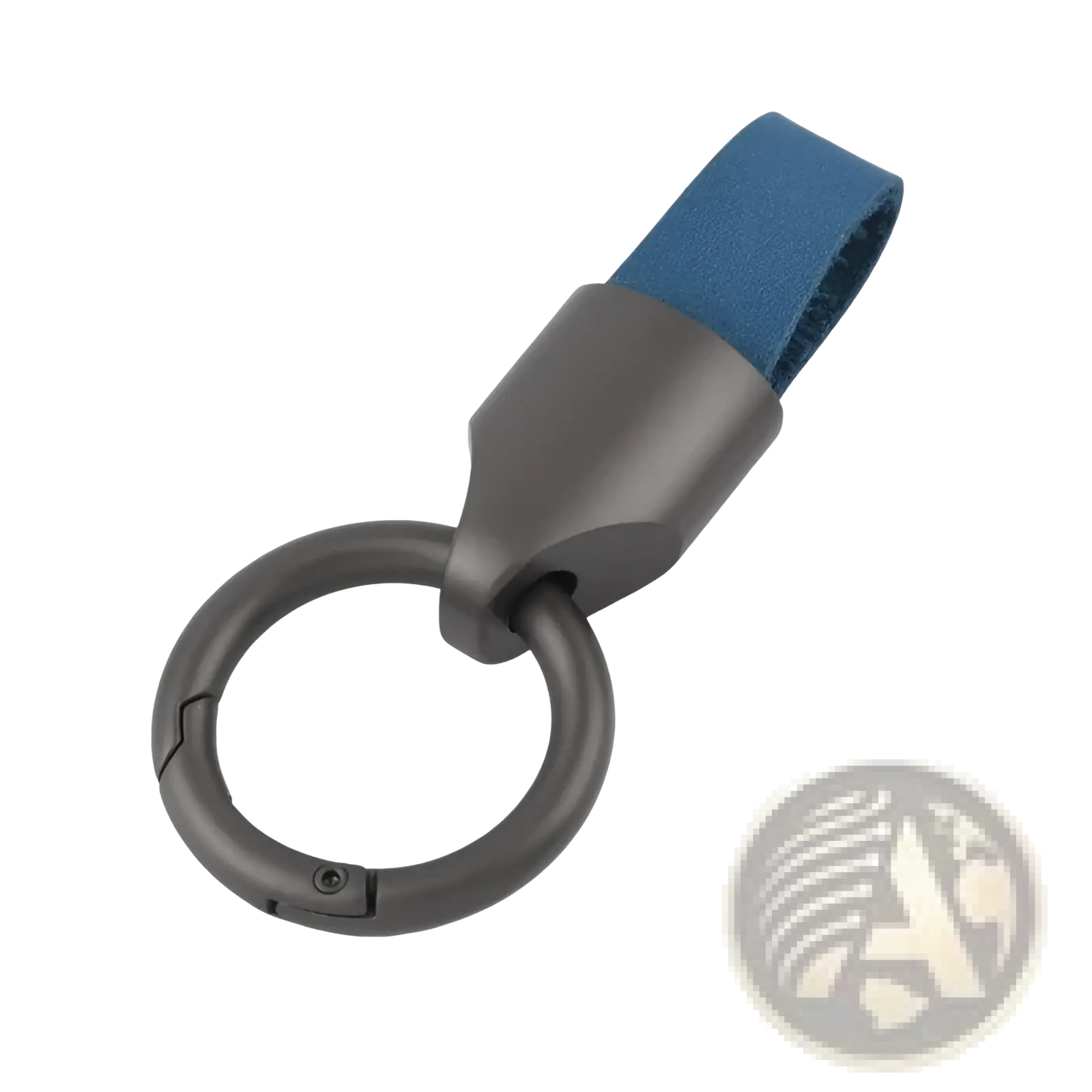 Dark gray metal leather keychain carabiner ring with blue leather strap attached for bag charm use