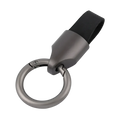 Dark gray metallic leather keychain with black strap and circular carabiner ring bag charm for secure attachment