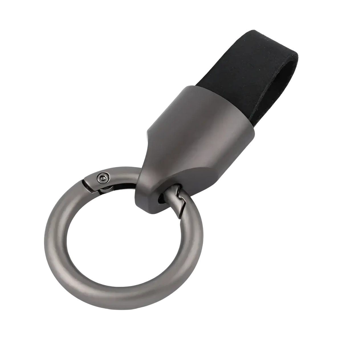 Dark gray metallic leather keychain with black strap and circular carabiner ring bag charm for secure attachment
