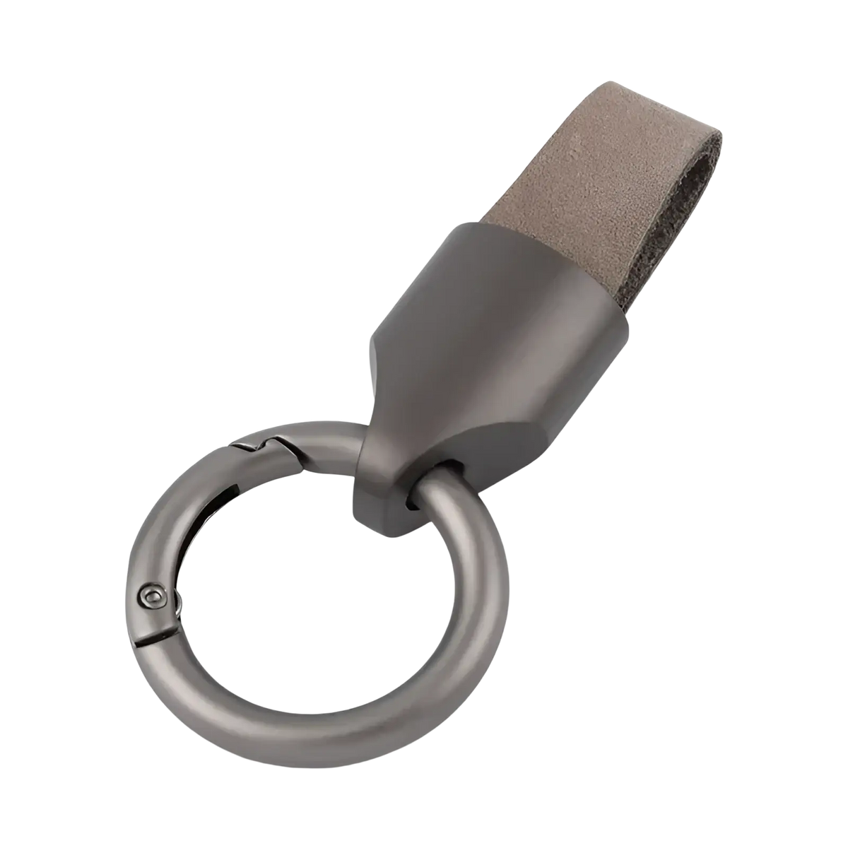 Gray metal key ring with matte-finished carabiner and tan leather strap for leather keychain carabiner ring bag charm