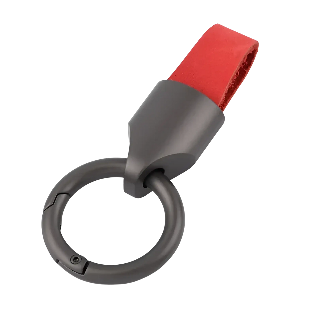Leather keychain carabiner ring bag charm with red leather strap attached to a matte black metal key ring