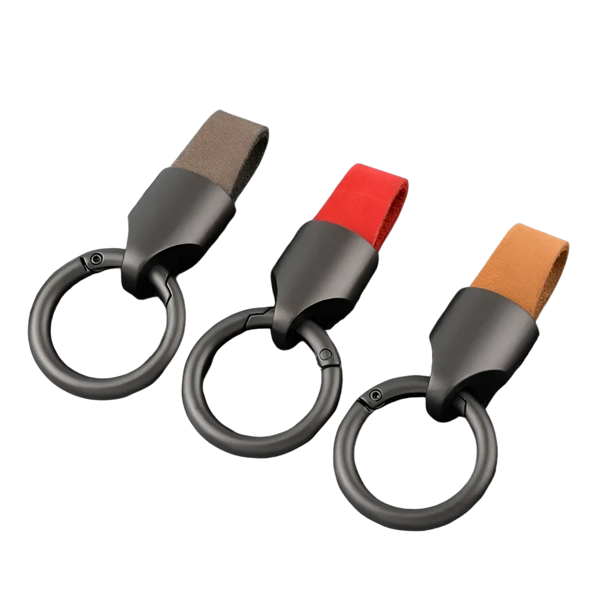 Leather keychain carabiner ring bag charm with matte black metal rings and suede straps in tan red and orange