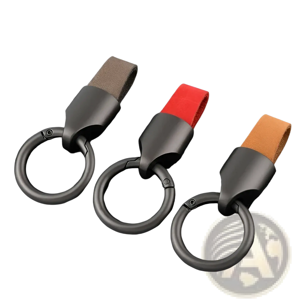 Leather keychain carabiner ring bag charm with matte black metal rings and suede straps in tan red and orange
