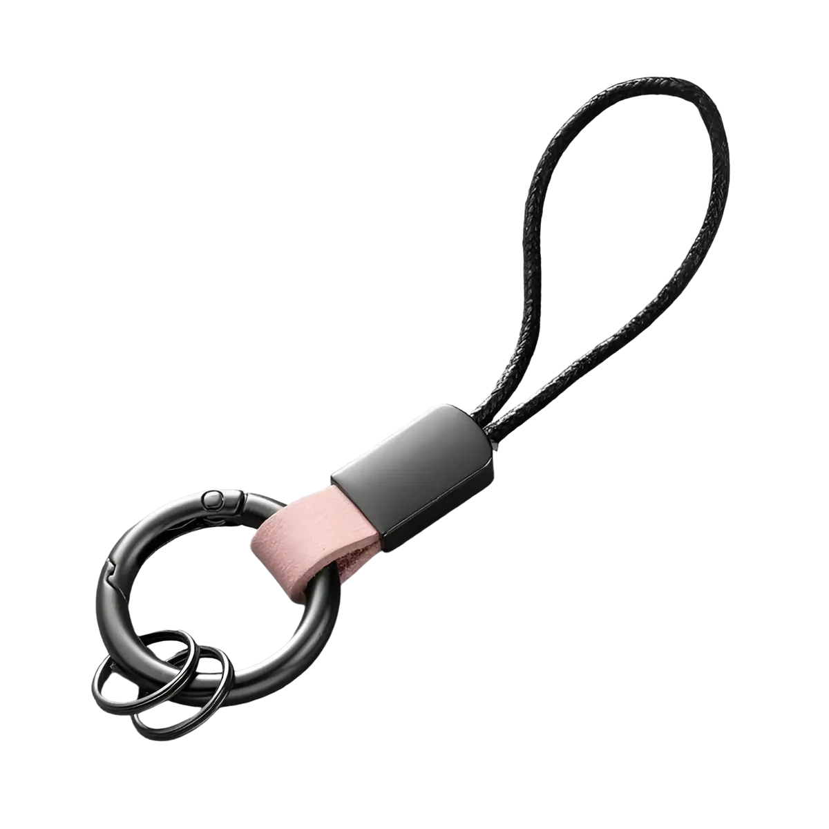 Black metal key ring with matte finish and pink leather strap attached to black cord loop for car key holder