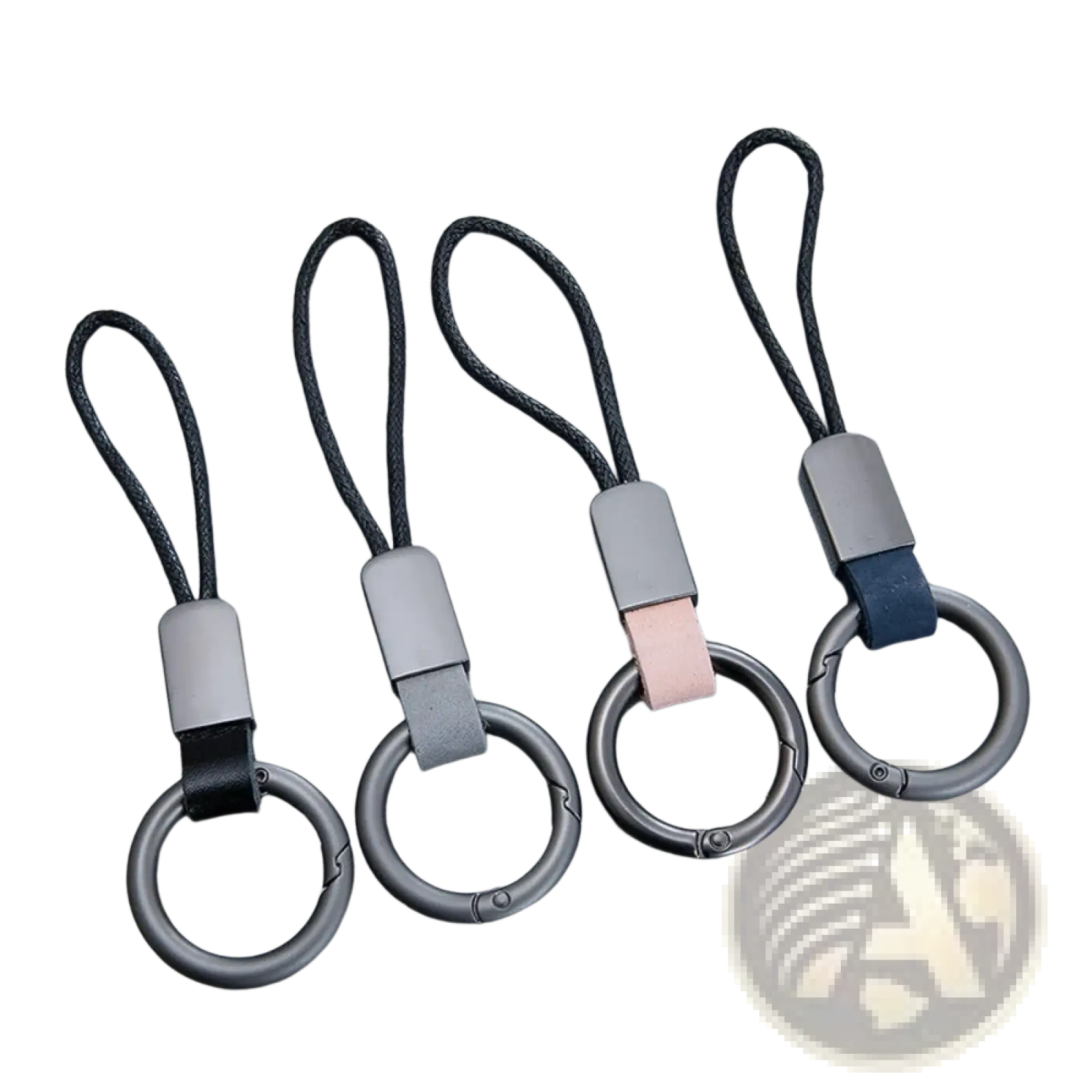 Leather keychain lanyard with black braided leather straps, matte gray metal rings, rectangular connectors, and subtle color accents