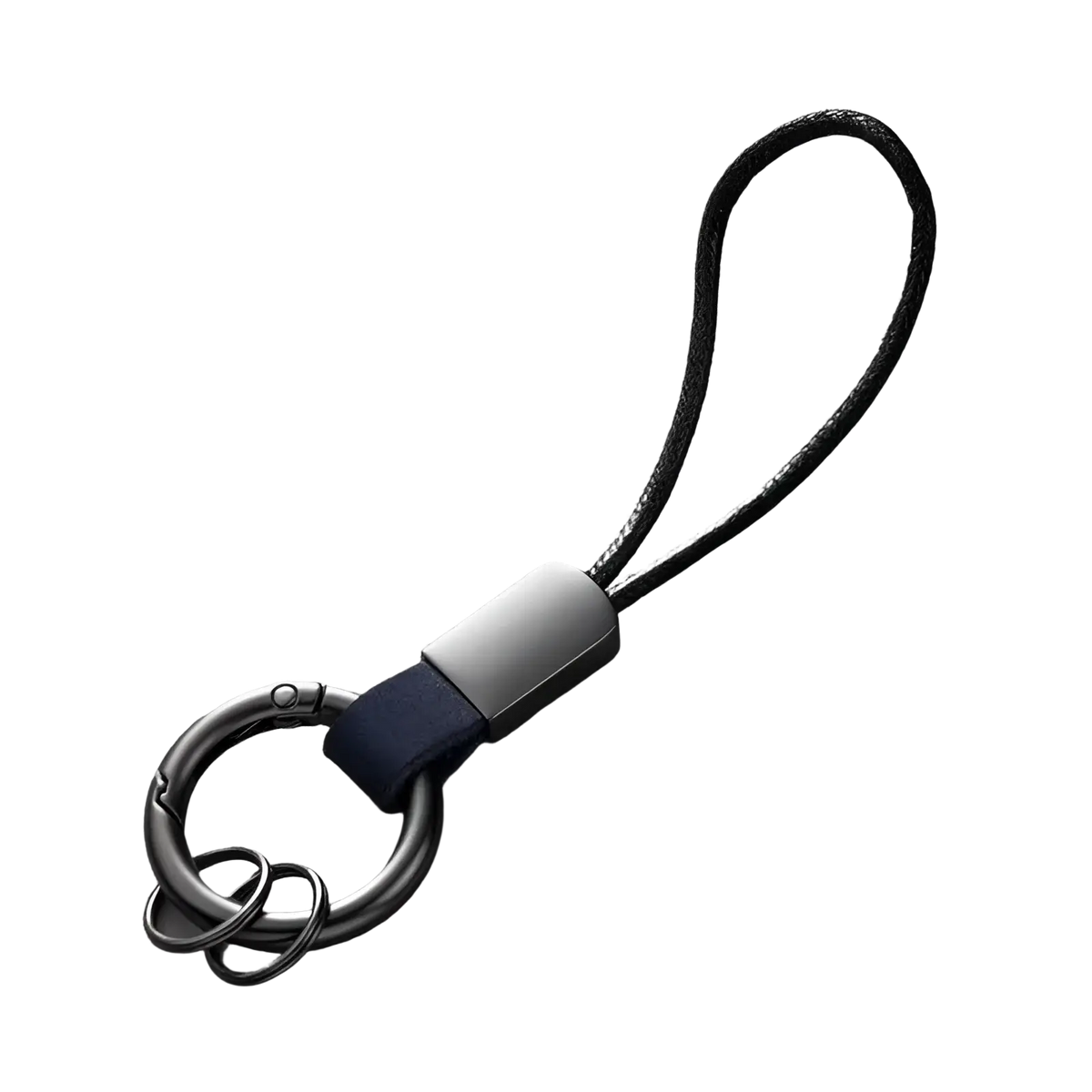 Black braided leather keychain lanyard with matte metal ring and carabiner accented by navy blue leather strap