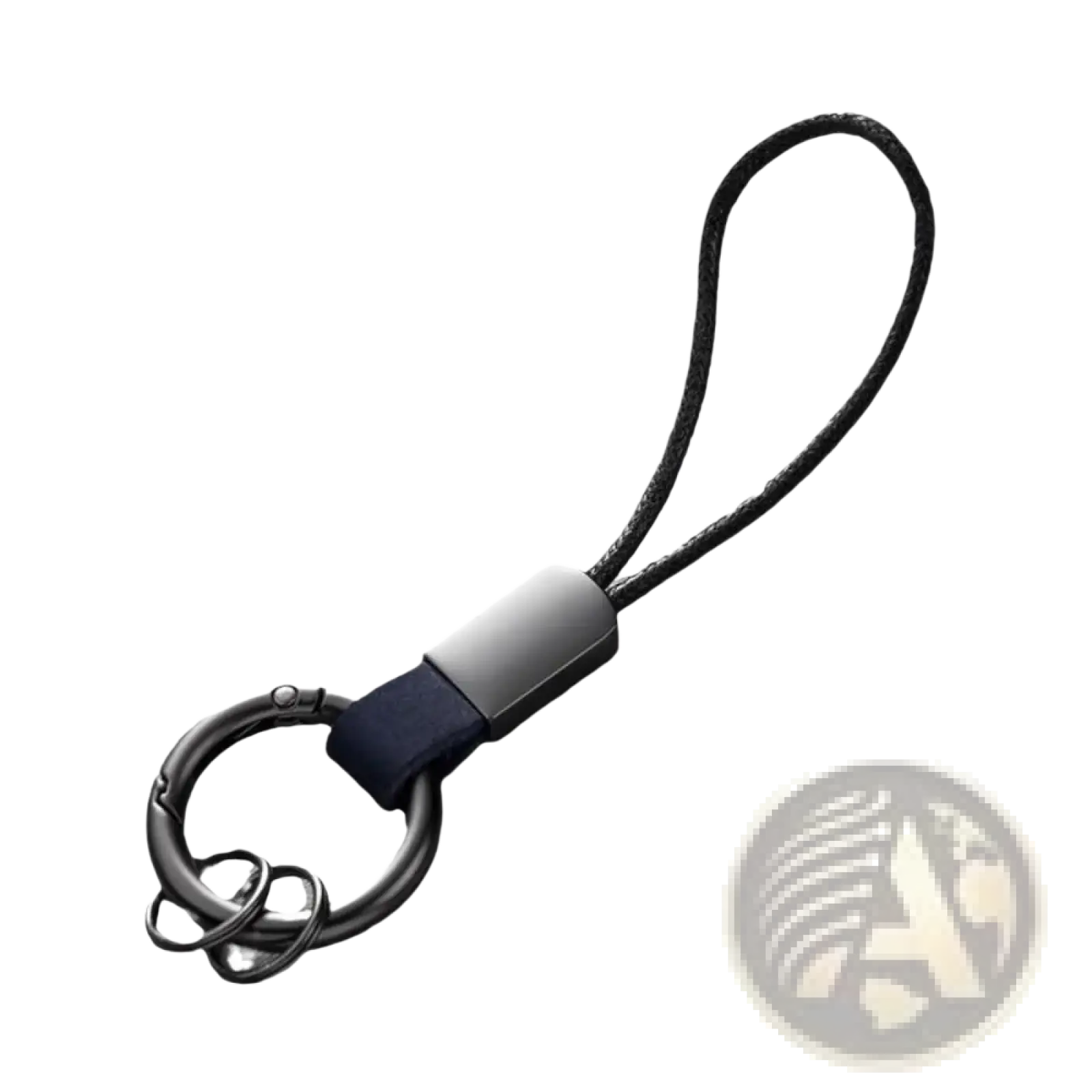 Leather keychain lanyard metal ring car key holder with black braided cord and matte black metal carabiner clip