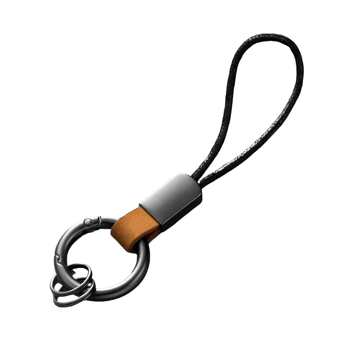 Leather keychain lanyard featuring black braided cord with tan leather accent and matte black metal clasp for keys