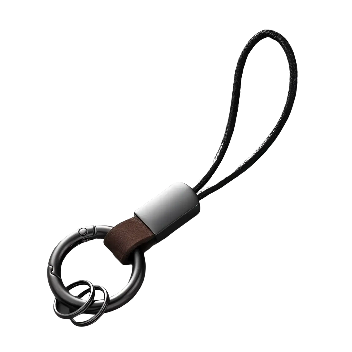 Leather keychain lanyard with black cord, matte silver metal clasp, and brown leather strap for car key holding