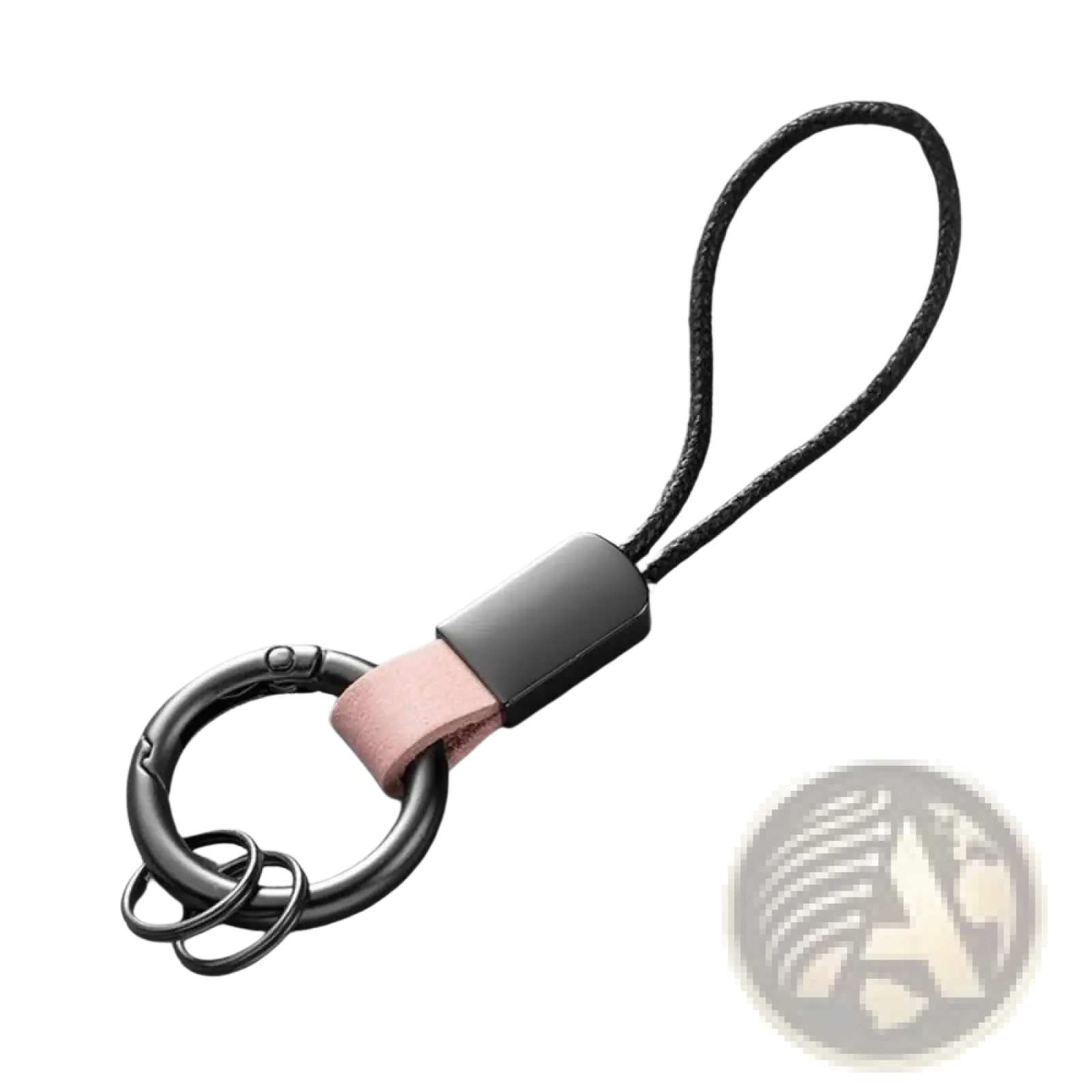 Black metal key ring with matte finish featuring pink leather strap and black braided cord for car key holding