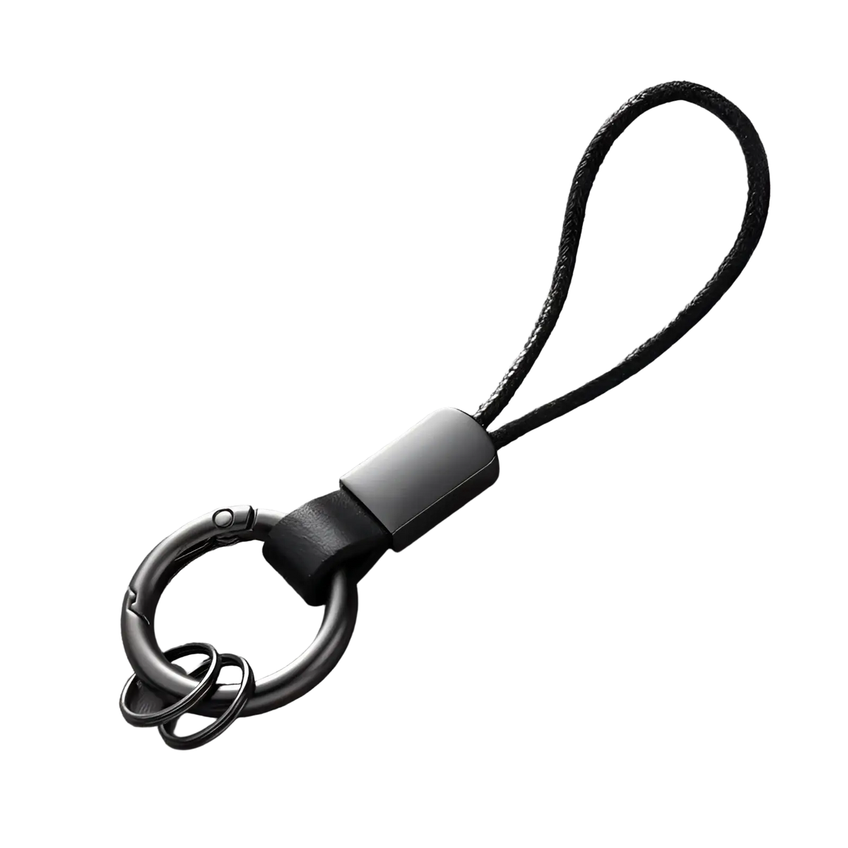 Black leather keychain lanyard with braided cord and matte metal rectangular connector for car key holder