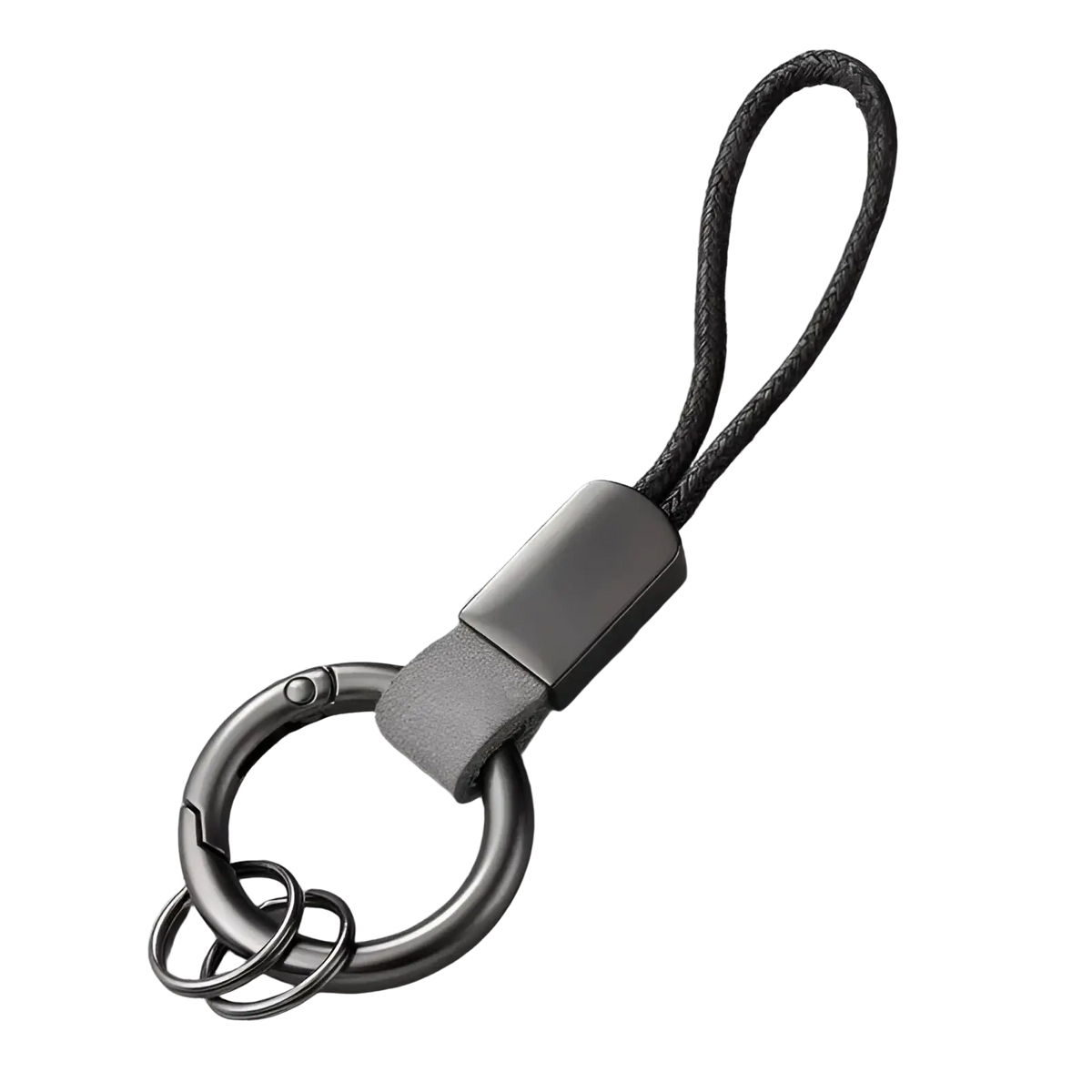 Gray metal leather keychain lanyard with braided cord and rectangular connector for car key holder use