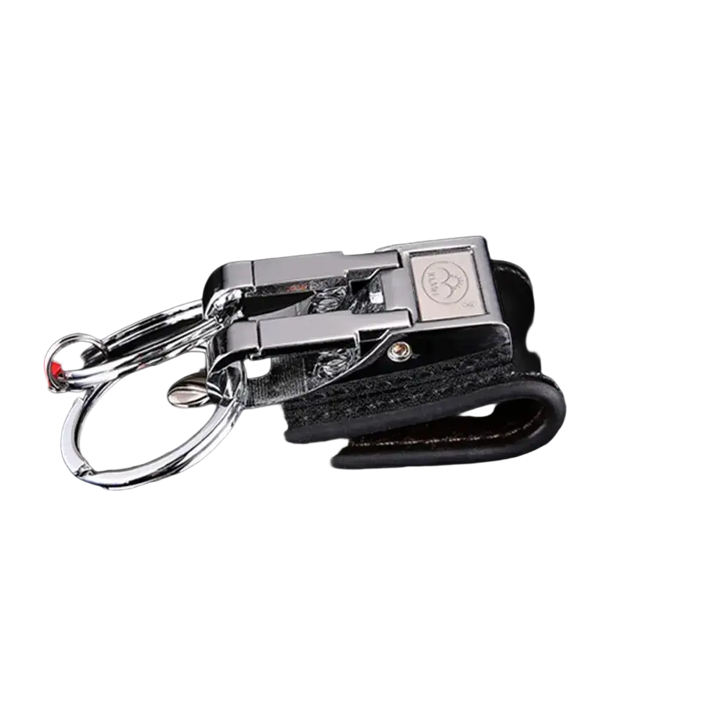 Black leather keychain with a silver-toned metal clasp and ring for secure key organization