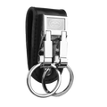 Black leather keychain with silver metal clasp and two interlocking rings for secure key holding