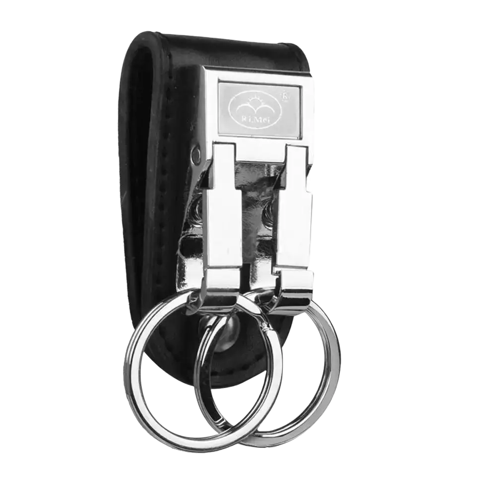 Black leather keychain with silver metal clasp and two interlocking rings for secure key holding