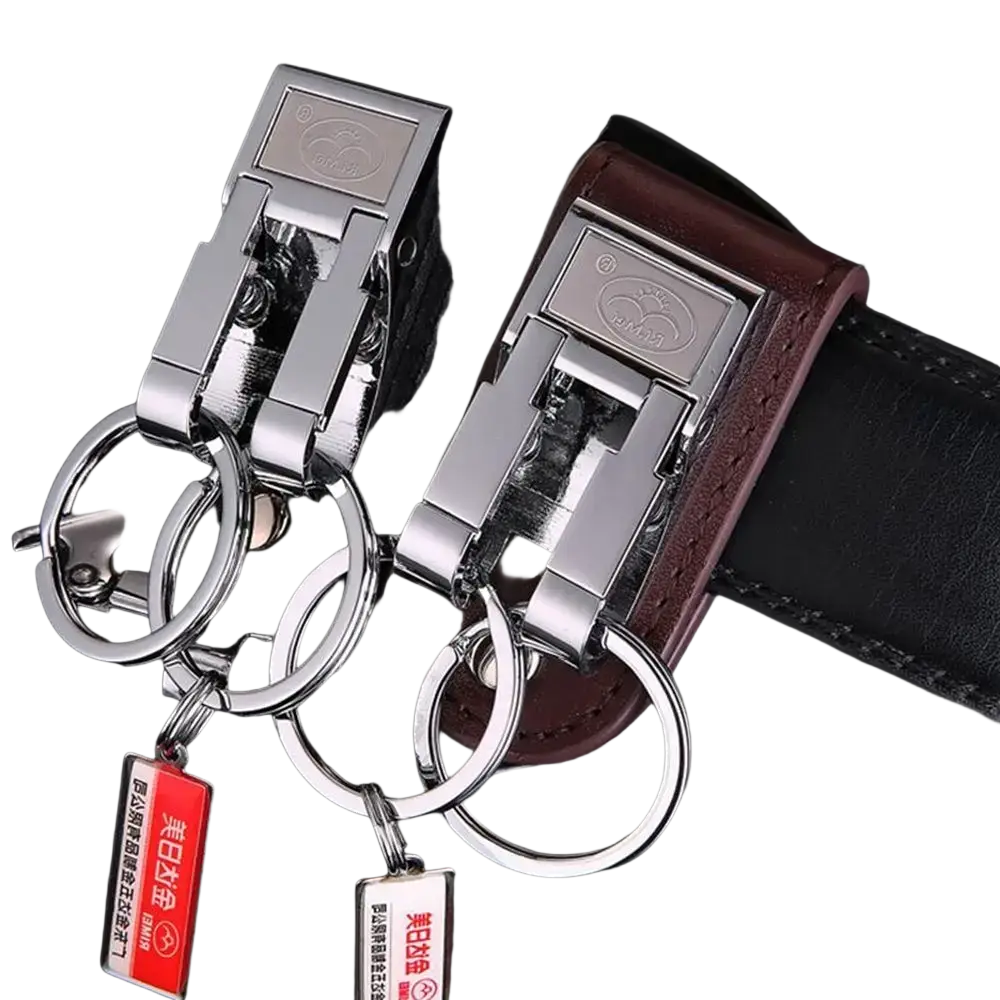 Leather keychain metal clip ring holder in silver and brown leather with metallic clasps and engraved brand logos