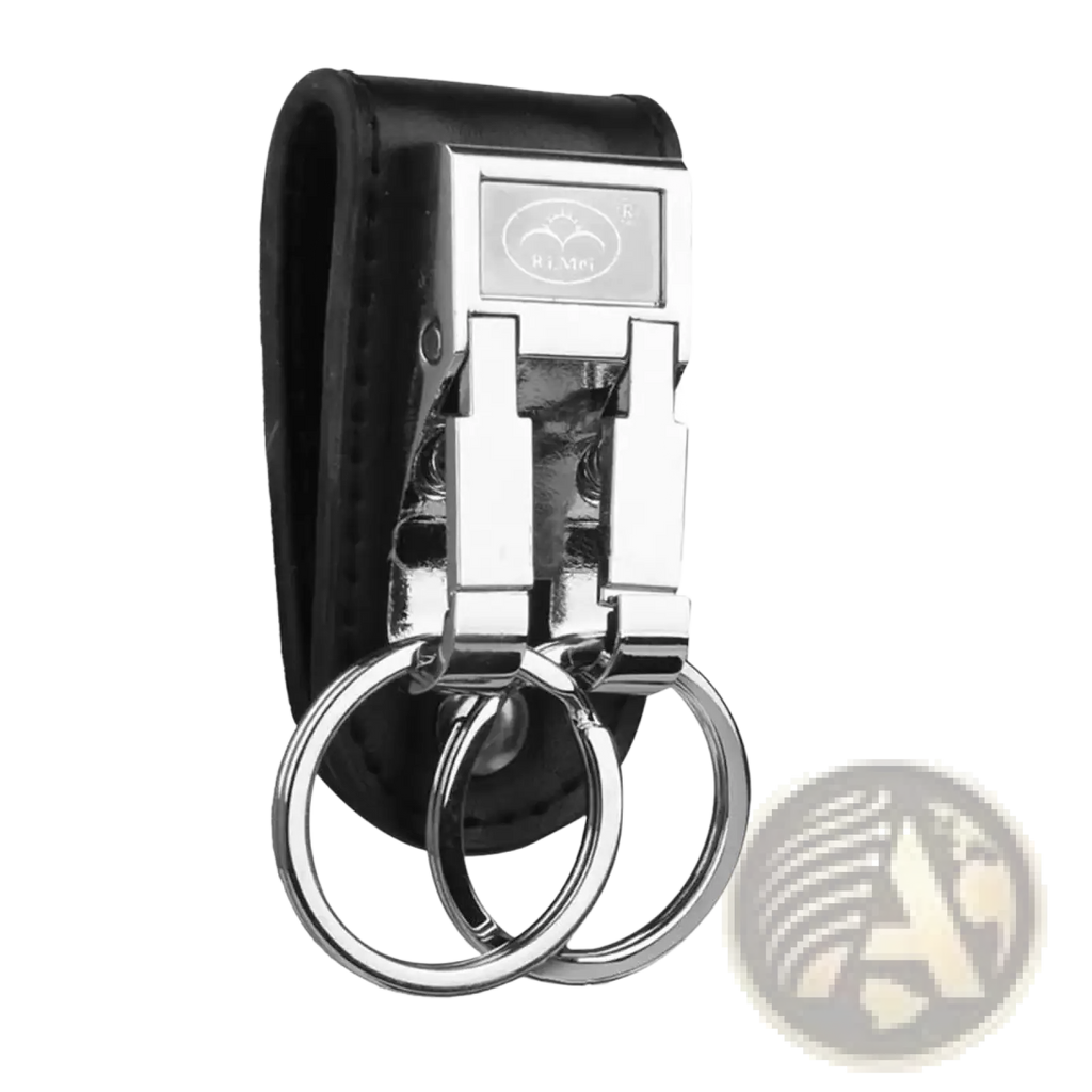 Black leather keychain with silver metal clasp and two interlocking rings for secure key holding