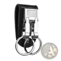 Black leather keychain with silver metal clasp and two interlocking rings for secure key holding