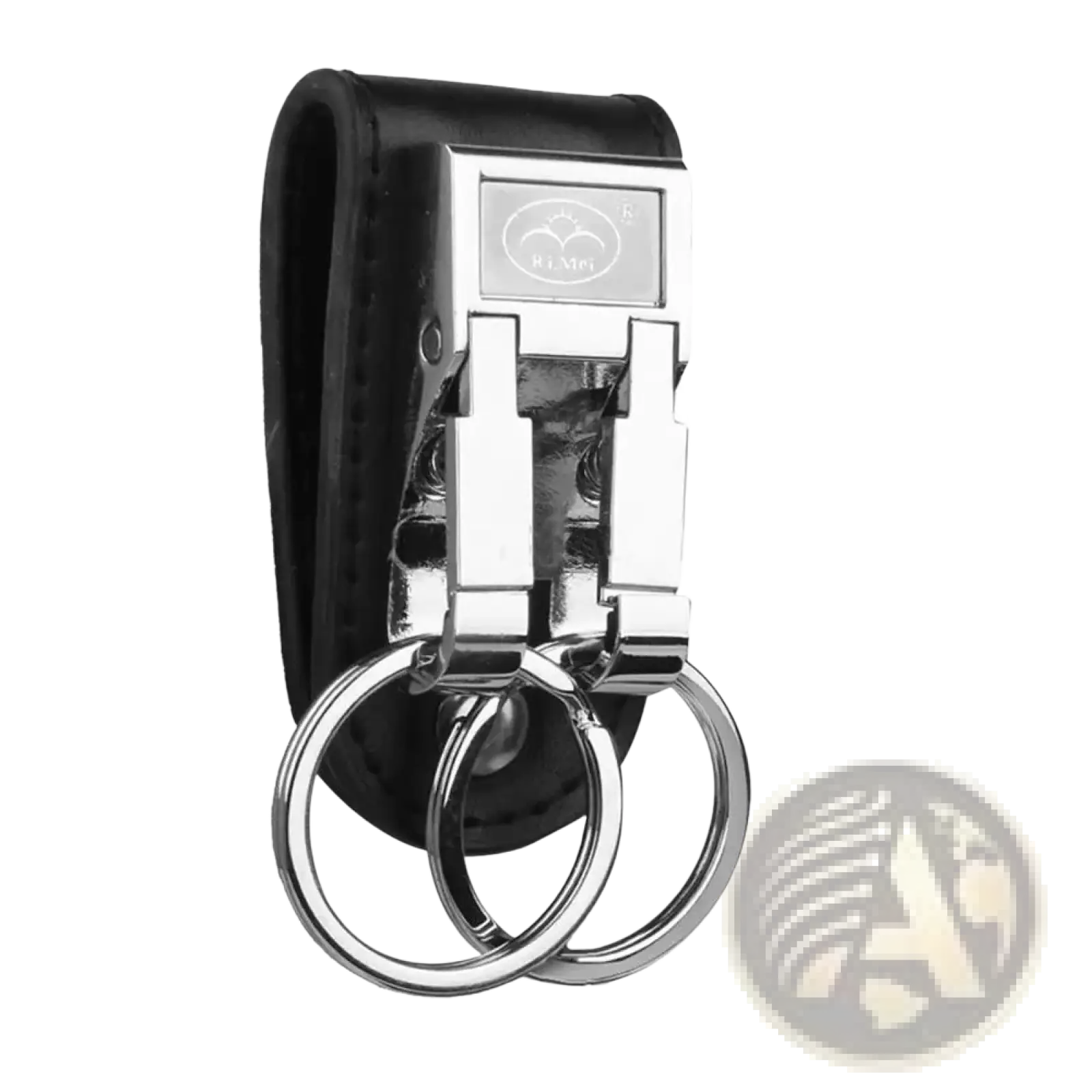 Black leather keychain with silver metal clasp and two interlocking rings for secure key holding