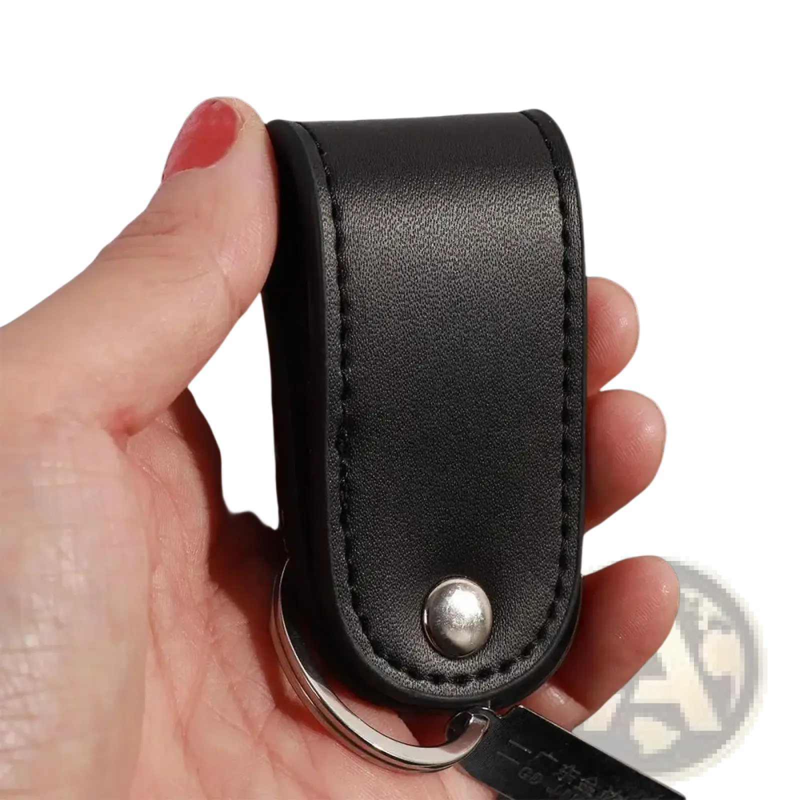 Black leather keychain with silver-toned metal clip ring holder and detailed stitching for secure key organization