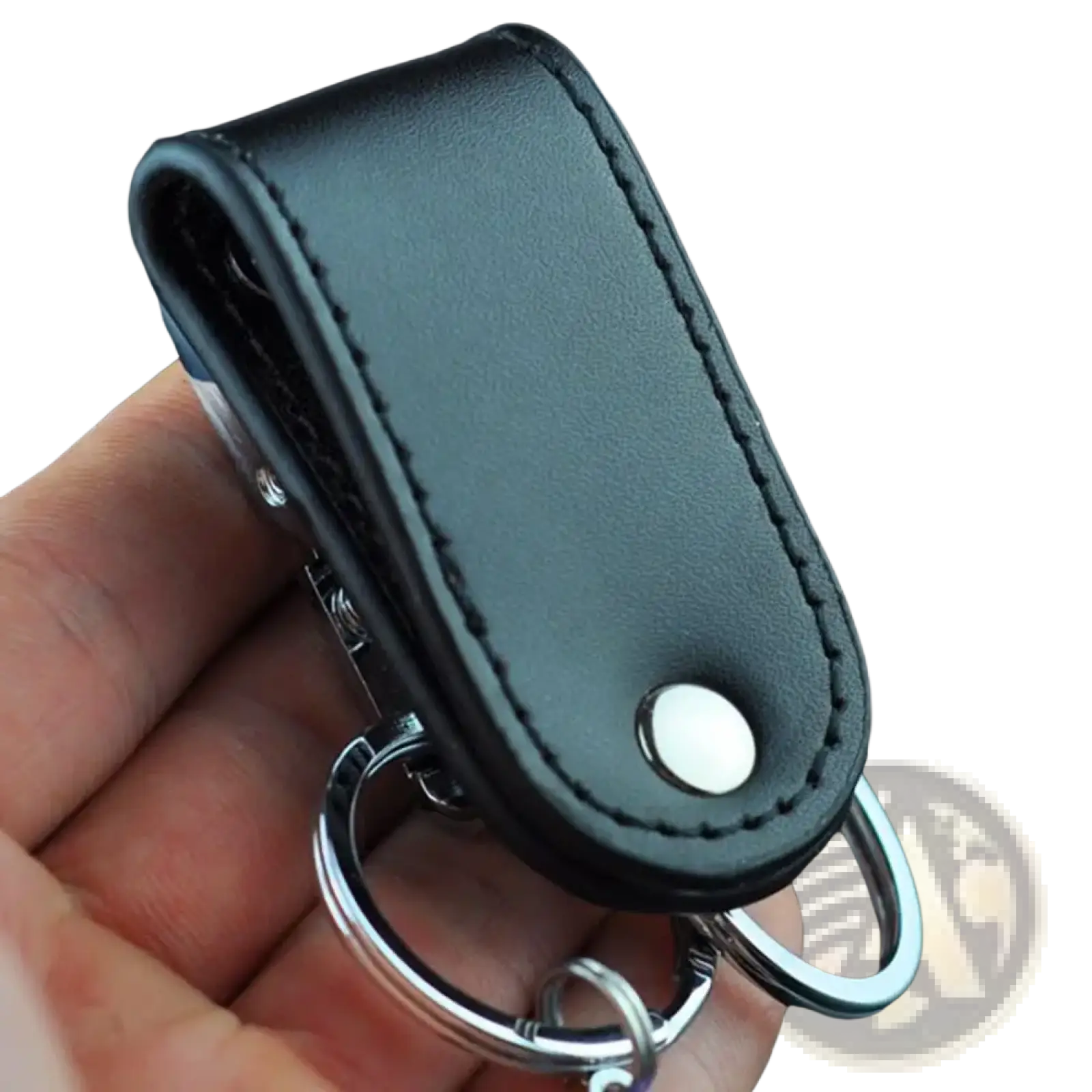 Black leather keychain with silver-toned metal clip ring and snap button closure for secure key holding