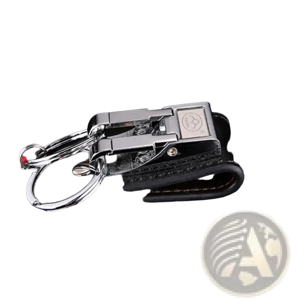 Black leather keychain with a silver-toned metal clasp and ring for secure key organization