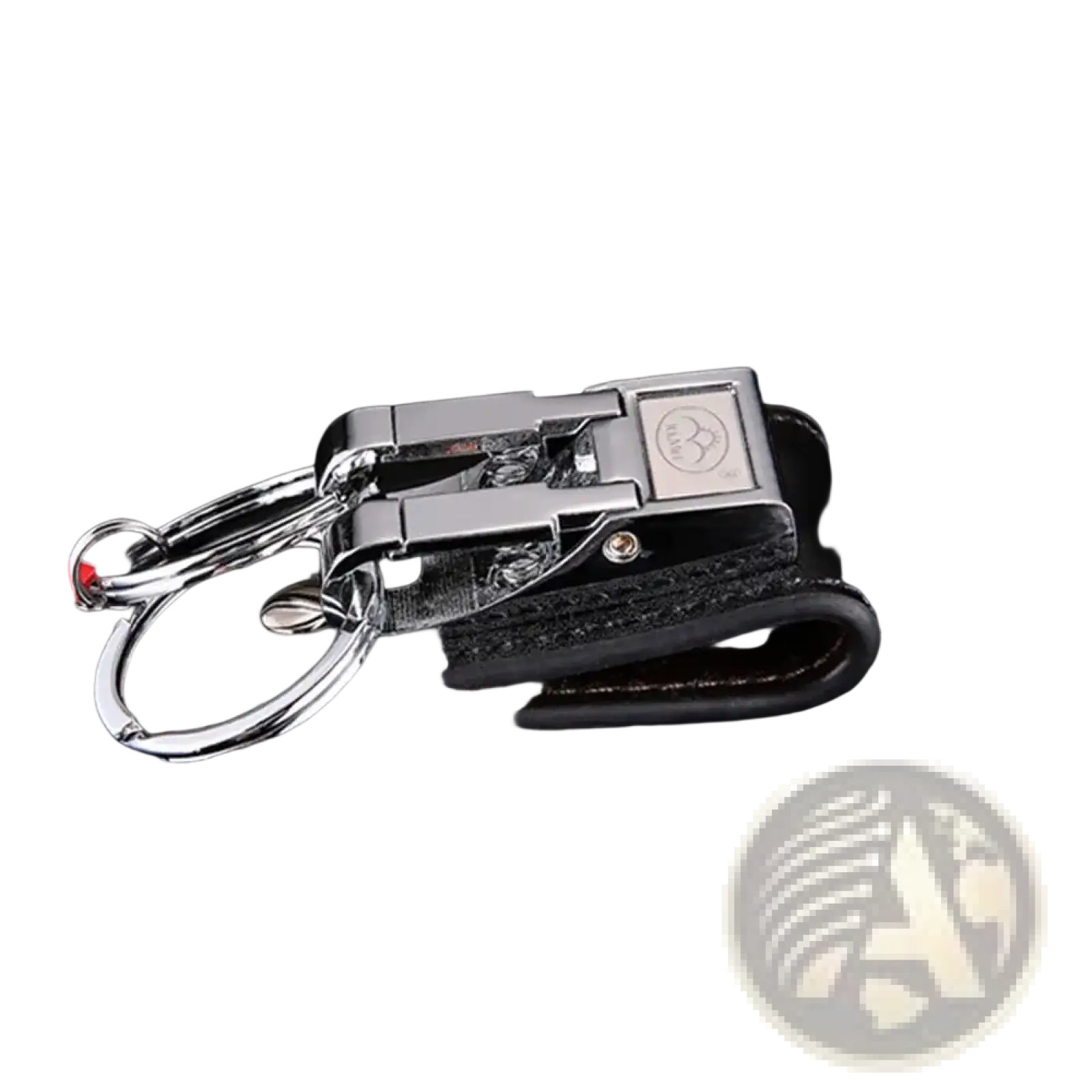 Black leather keychain with a silver-toned metal clasp and ring for secure key organization